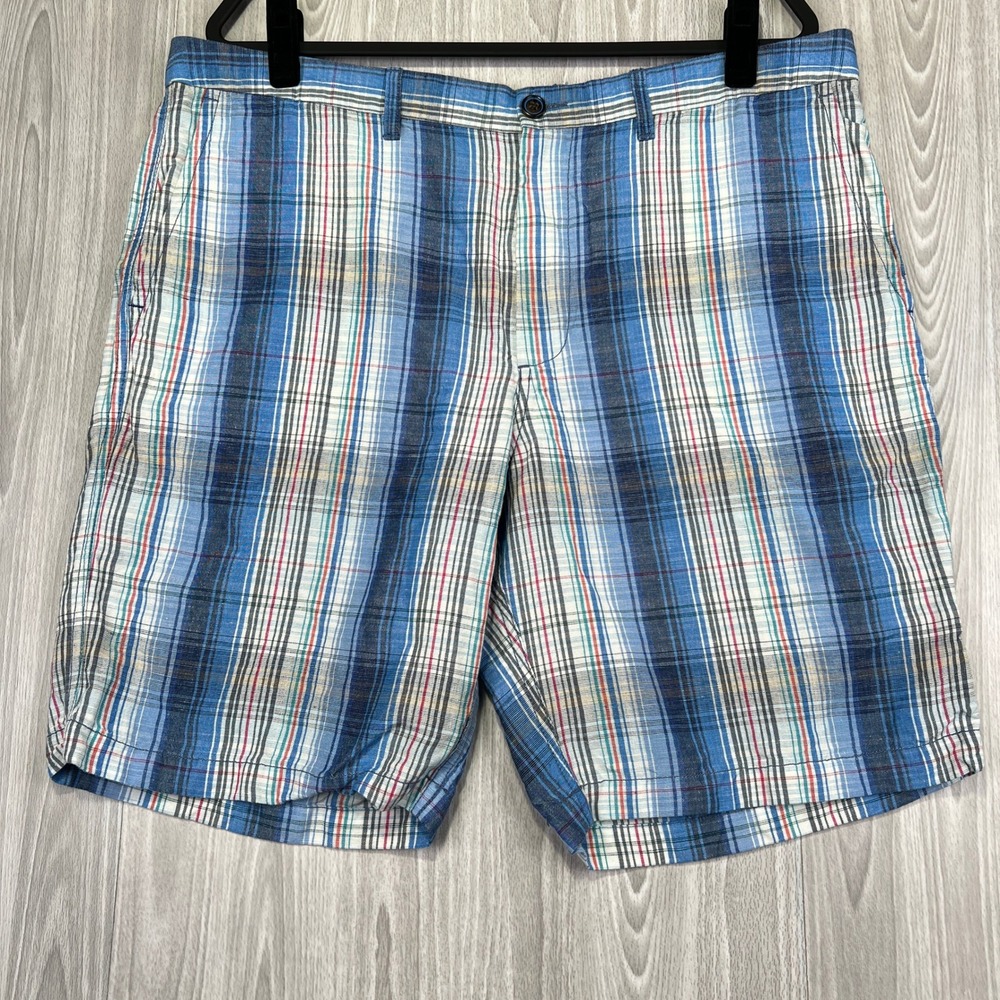 Tommy Bahama Linen Plaid Shorts Mens 38 Blue Vacation Summer Comfort EUC